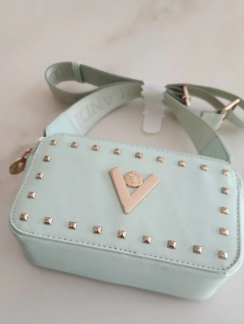 Valentino Orlandi Mint Green Crossbody Bag with Gold Studs